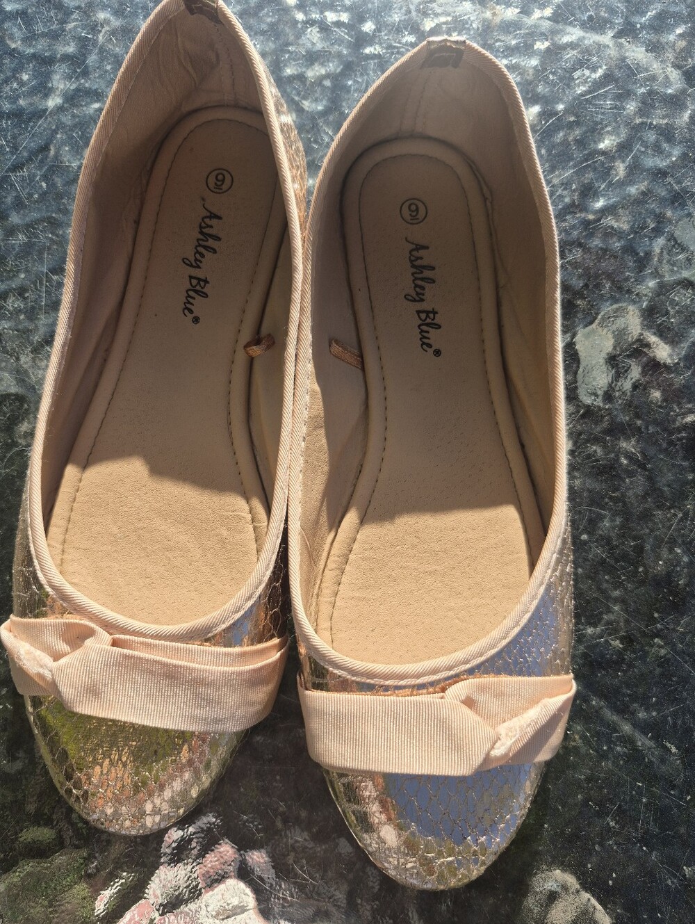 Ashley Blue Pink Metallic Ballet Flats with Bow Accent